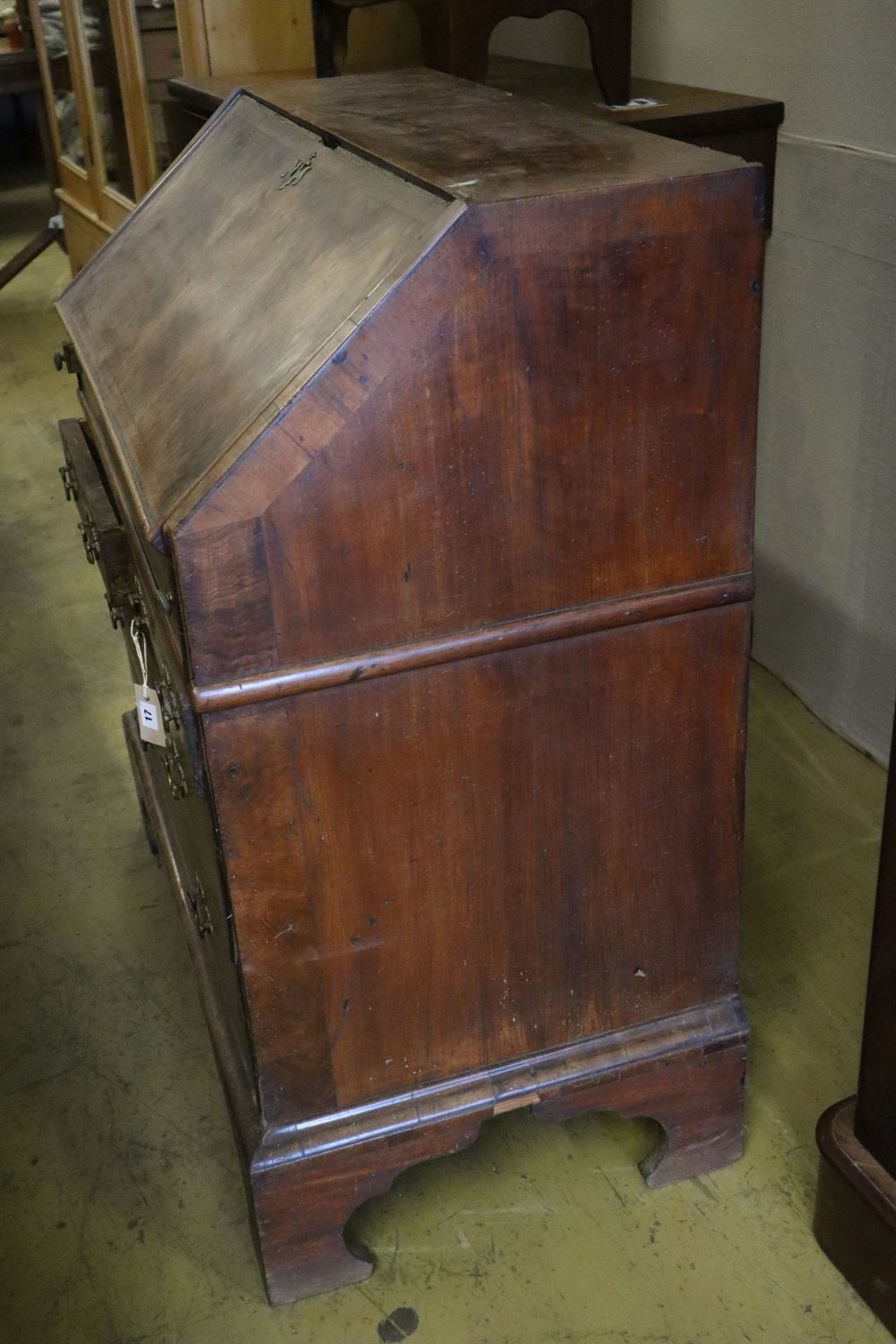 An early 18th century walnut bureau, width 91cm depth 54cm height 98cm